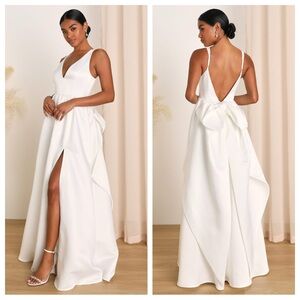 Lulus Blissfully Beloved Ivory Backless A-Line Bow Maxi Dress
